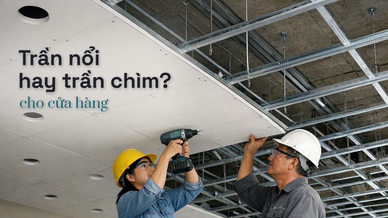 Thi công trần thạch cao cho cửa hàng: Nên chọn trần nổi hay trần chìm?