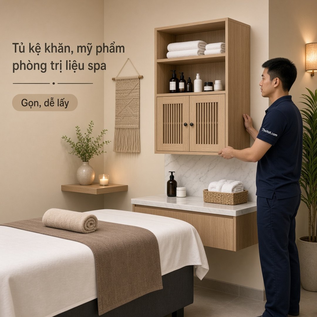 Đóng tủ kệ đựng khăn, mỹ phẩm phòng trị liệu spa