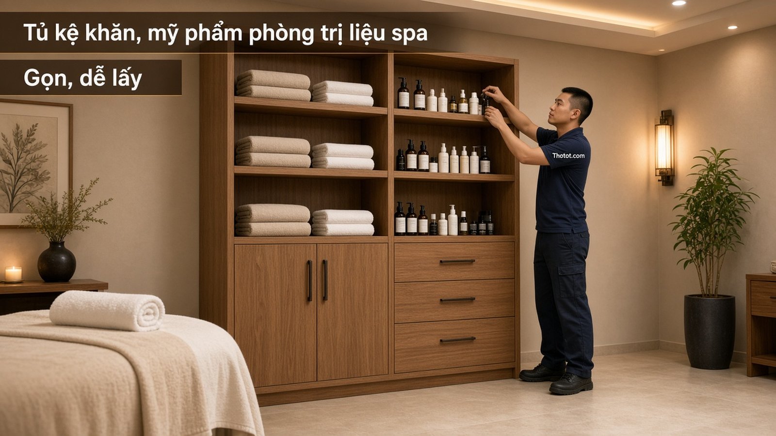 Đóng tủ kệ đựng khăn, mỹ phẩm phòng trị liệu spa