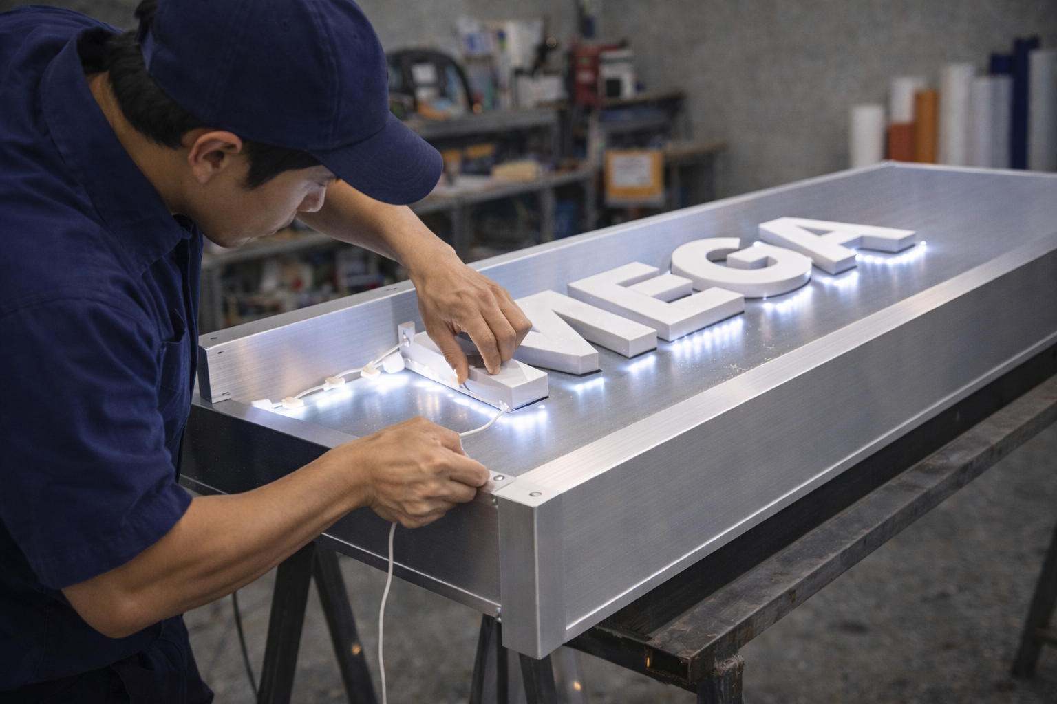 Gắn đèn LED hắt sáng chữ nổi, bảng hiệu thẩm mỹ