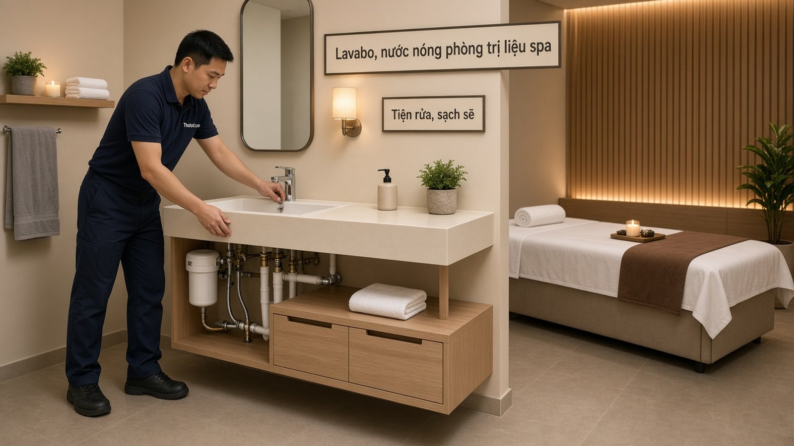Lắp lavabo, đường nước nóng phòng trị liệu spa
