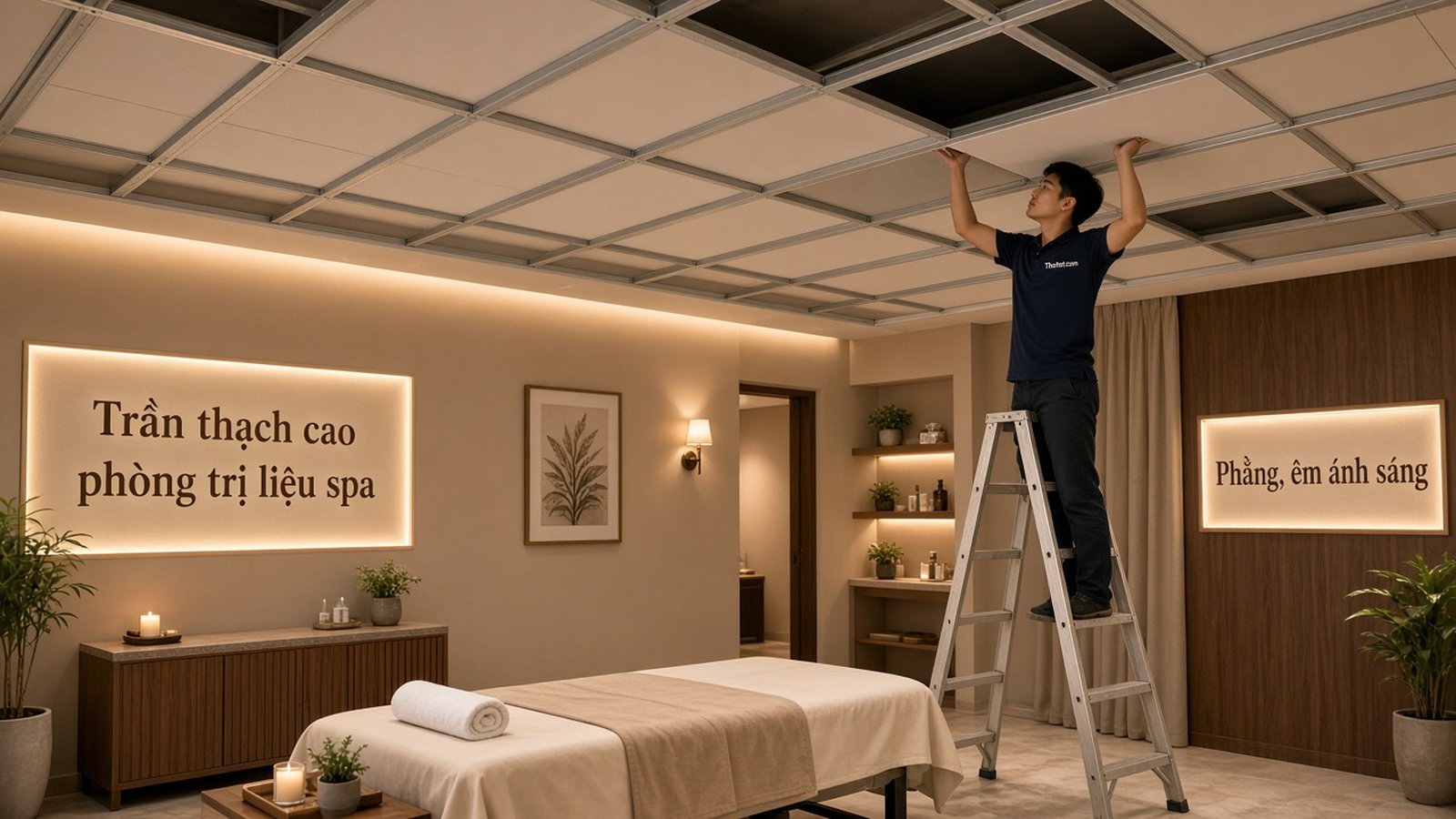 Thi công trần thạch cao phòng trị liệu spa