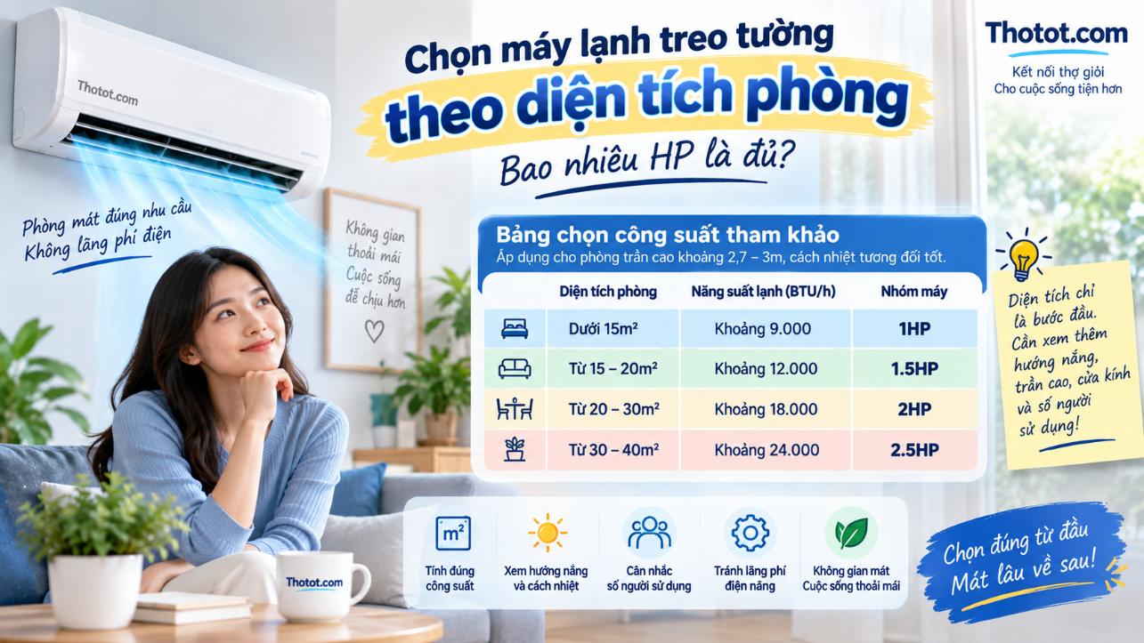 Chọn máy lạnh treo tường theo diện tích phòng: Bao nhiêu HP là đủ?