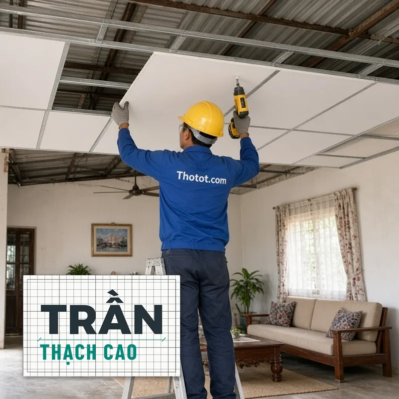 Làm trần thạch cao phòng khách nhà cấp 4