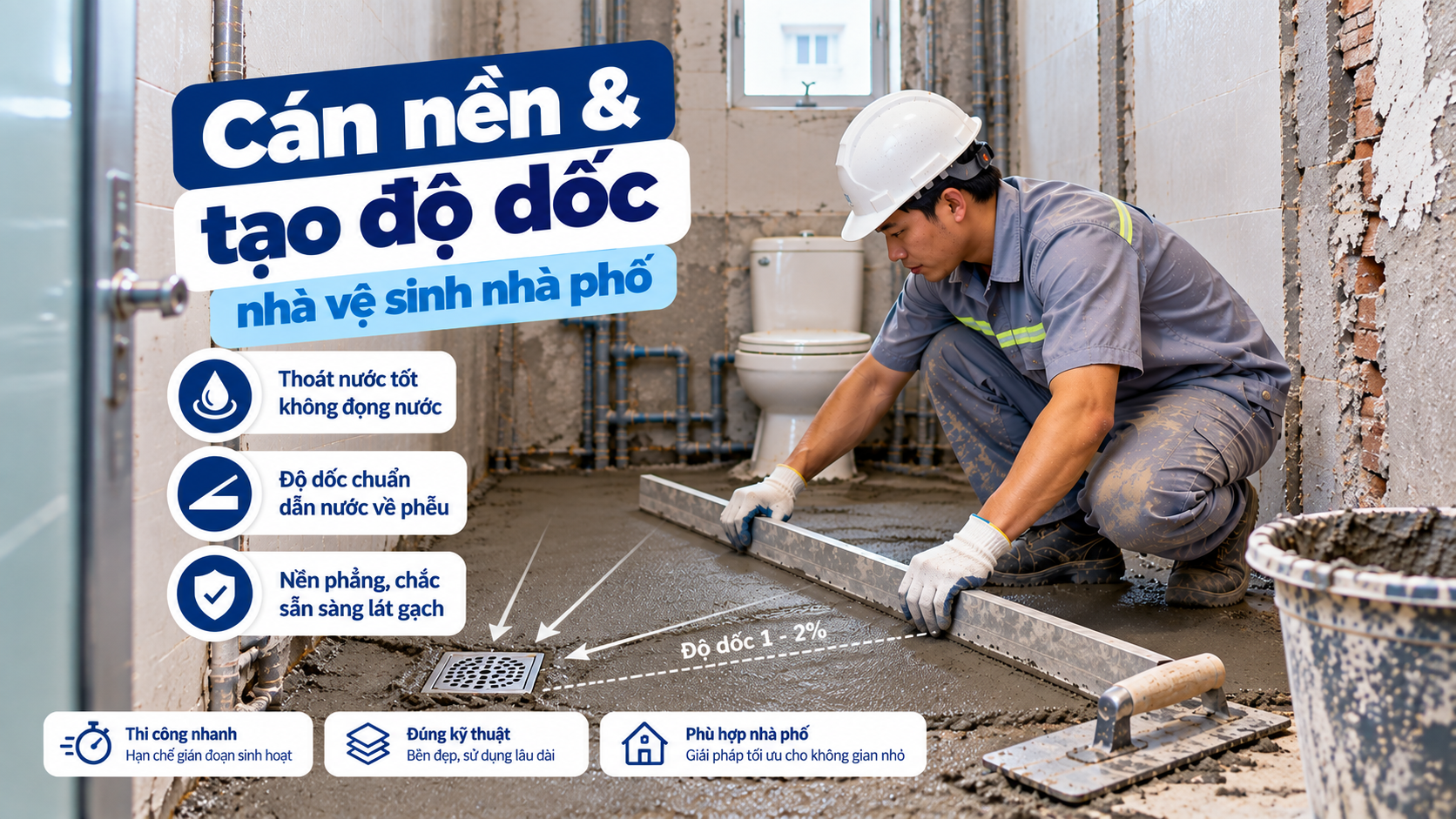 Cán nền & tạo độ dốc nhà vệ sinh nhà phố