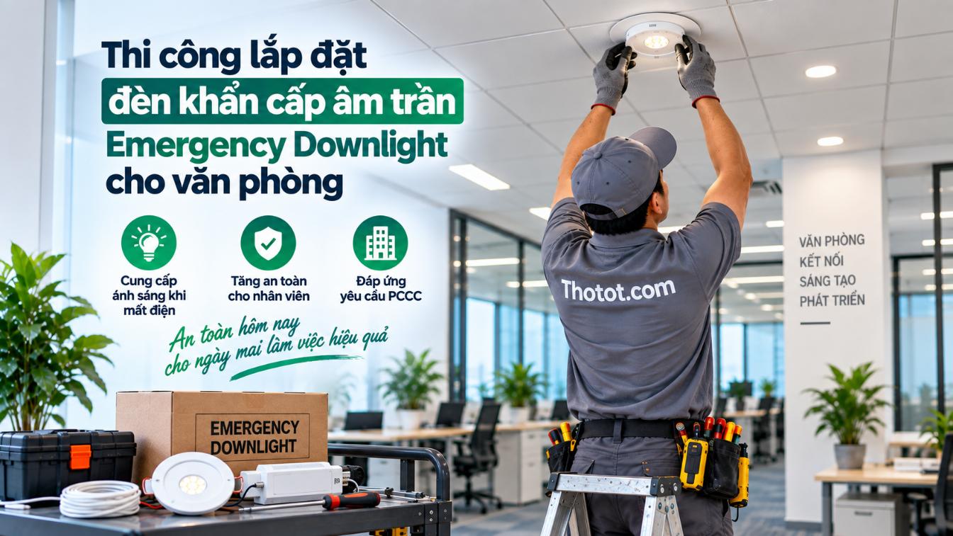 Thi công lắp đặt đèn khẩn cấp âm trần Emergency Downlight cho văn phòng