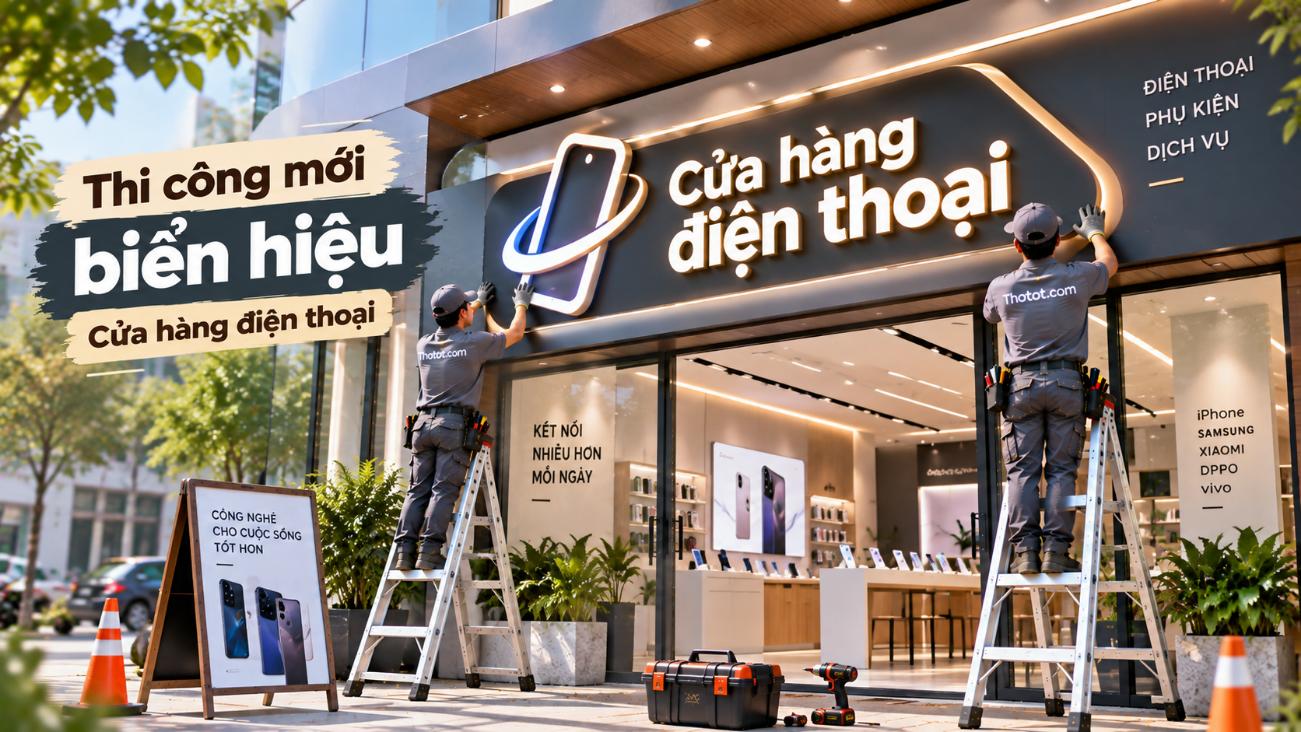 Thi công mới biển hiệu cửa hàng