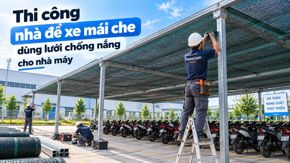 Thi công nhà để xe mái che lưới chống nắng cho nhà máy, nhà xưởng
