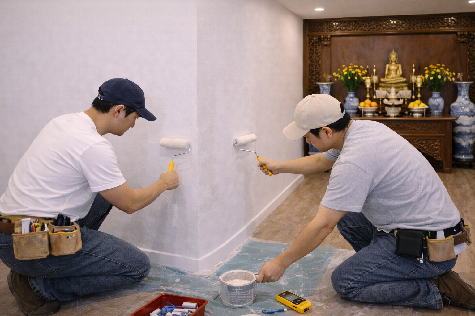 Thi công tường – sơn hoàn thiện phòng thờ