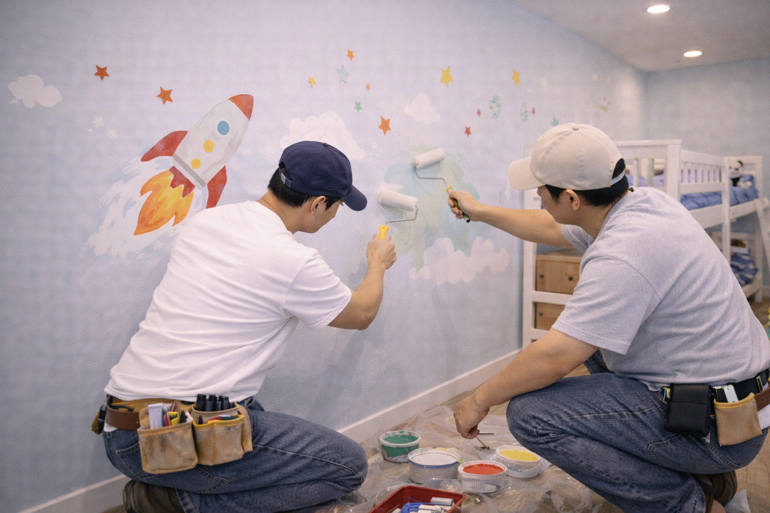 Thi công tường – sơn trang trí phòng trẻ em