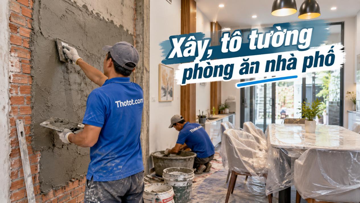 Xây, tô tường phòng ăn nhà phố